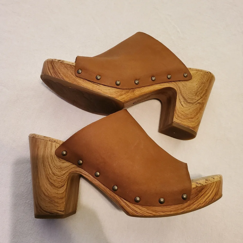 KORK-EASE Danika‎ Wood Grain Cork Cognac Leather Platform Slide-On Sandals SZ 11